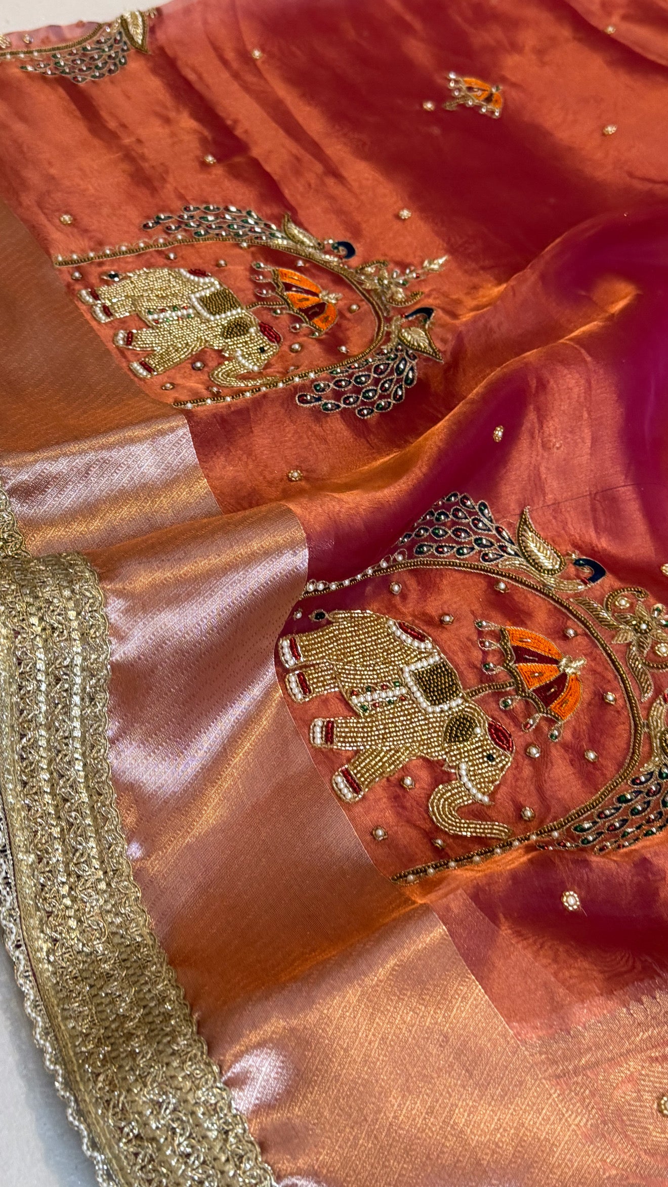 Hathi , ghoda aur palki wali saree - Husn tissue silk hand embroidered saree